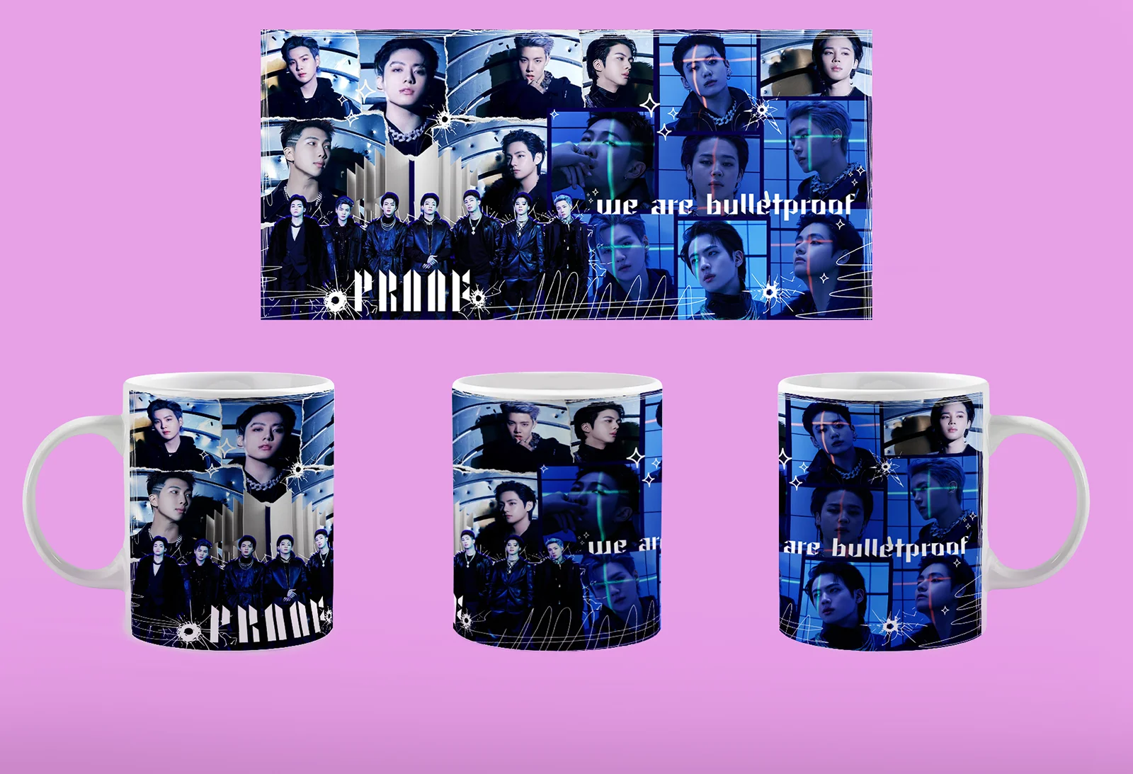 Caneca BTS Proof personalizada em cerâmica 325ml com design exclusivo inspirado na coletânea do BTS.