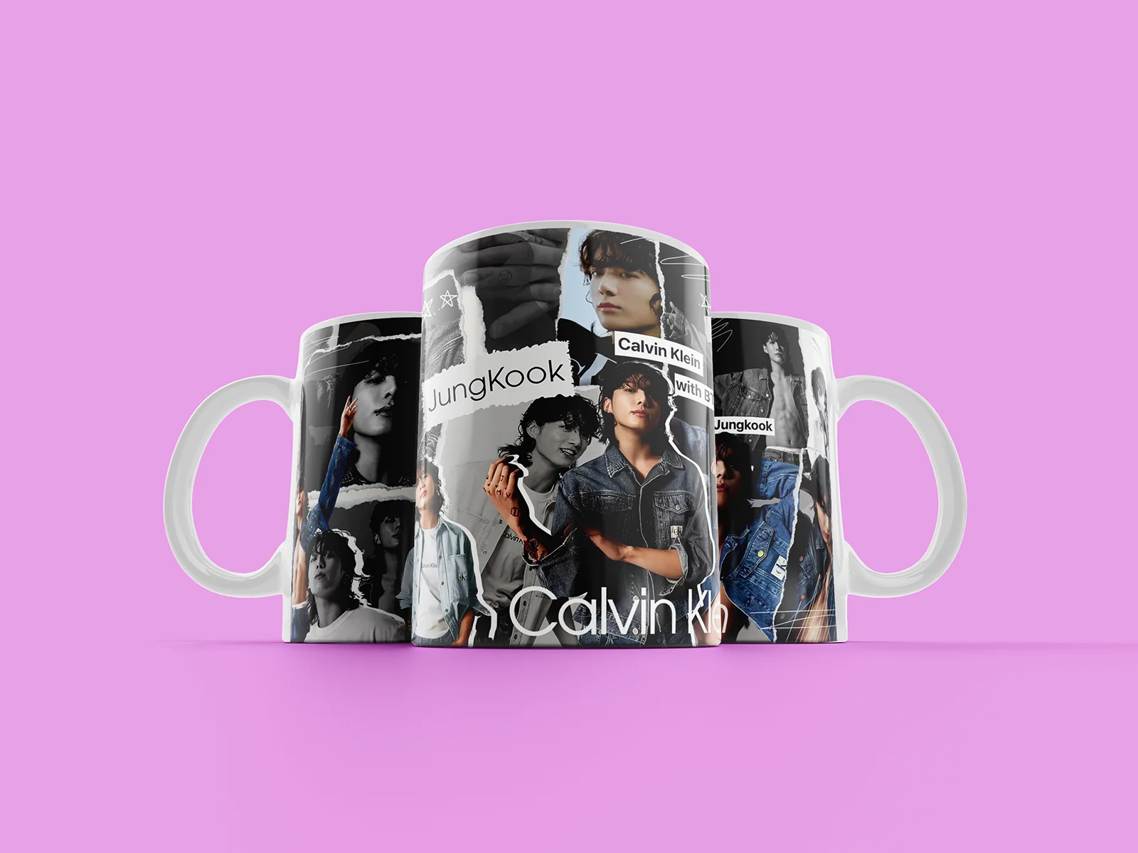 Caneca personalizada Jungkook Calvin Klein em cerâmica 325ml com arte inspirada nos ensaios fotográficos da marca.
